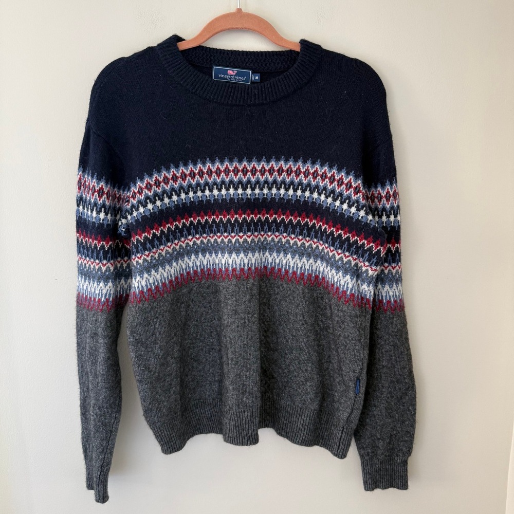 Vineyard Vines Mens Fair Isle Merino Wool Alpaca Blend Sweater Navy Grey M